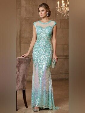 Primavera Couture Mint Sequin Long-Sleeve Illusion Gown